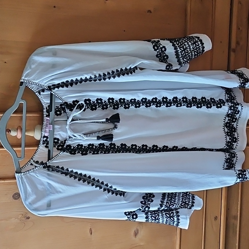 Calypso St Barth White Embroidered Tassel Boho Blouse Size S